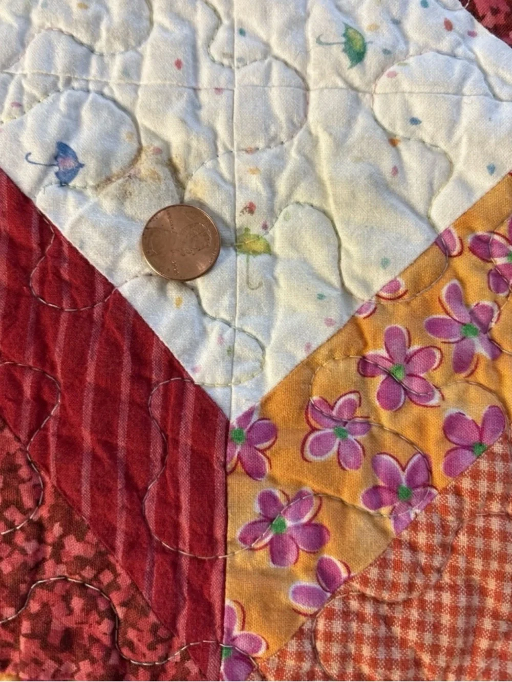 Vintage 1960’s  Handmade Quilt Triangle Diamond Quilt  55” X 44”